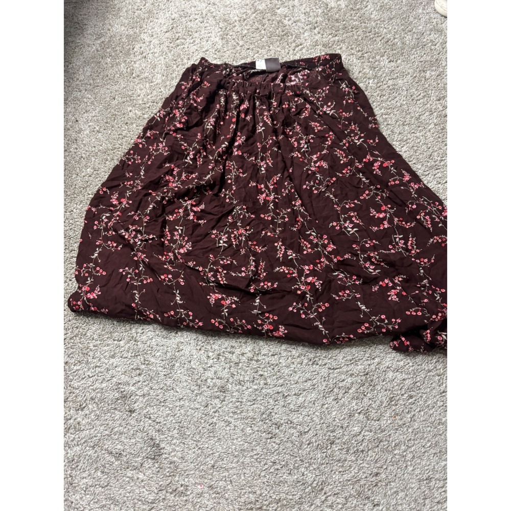 JMS Just My Size Brown Floral Maxi Skirt Rayon Elastic Waist USA Made Large